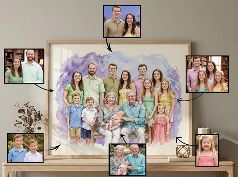 May include: A framed watercolor portrait of a large family, with individual portraits of family members surrounding the main image. The main portrait features a group of people of all ages, with a soft, colorful background.
