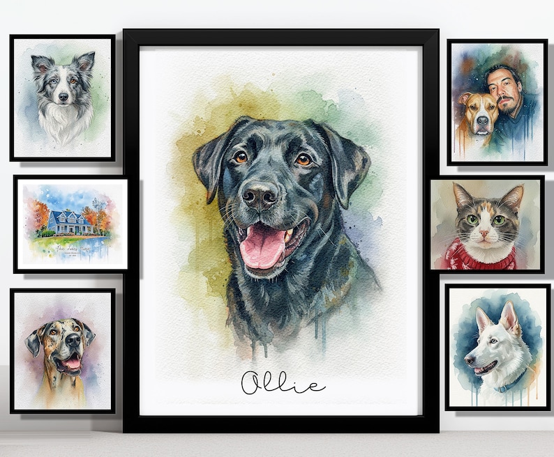May include: A framed watercolor portrait of a black Labrador Retriever with its tongue out, named Ollie. Surrounding it are framed watercolor portraits of other pets and a landscape.