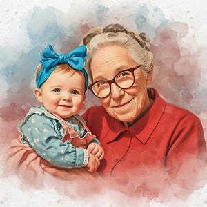 May include: Watercolor portrait of a baby and an older woman. The baby, wearing a blue headband and a floral dress, is held by the woman. The woman wears glasses and a red shirt. The background has blue and pink watercolor washes.