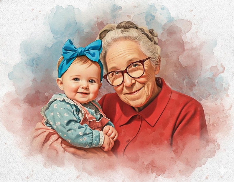 May include: Watercolor portrait of a baby and an older woman. The baby, wearing a blue headband and a floral dress, is held by the woman. The woman wears glasses and a red shirt. The background has blue and pink watercolor washes.