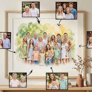 Peut inclure: Un portrait de famille à l'aquarelle encadré avec plusieurs photos encastrées. L'image principale présente un grand groupe de personnes dans un style aquarelle, avec de plus petites photos de famille disposées autour. La palette de couleurs comprend des verts, des jaunes et des bleus.