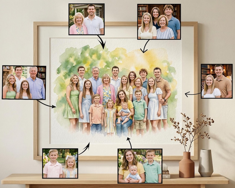 May include: A framed watercolor family portrait with multiple inset photos. The main image features a large group of people in a watercolor style, with smaller family photos arranged around it. The color palette includes greens, yellows, and blues.
