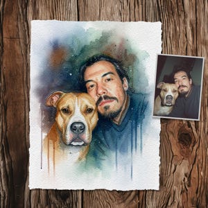 May include: Watercolor portrait of a man and a dog, featuring warm tones of brown, tan, and blue. The artwork is on textured paper, with a smaller photo of the pair in the corner. The style is soft and expressive.