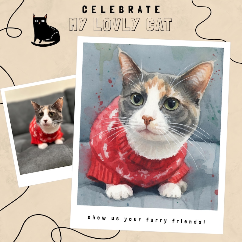 May include: An image featuring a cat wearing a red sweater with white snowflake patterns. The cat has a white face with gray and orange markings. The text reads "CELEBRATE MY LOVLY CAT" and "show us your furry friends!"