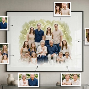 May include: A framed family portrait featuring a watercolor-style painting of a multi-generational family. The painting is surrounded by smaller photo inserts of individual family members. The artwork is displayed on a wall above a black table with decorative vases.