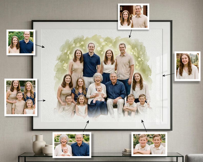 May include: A framed family portrait featuring a watercolor-style painting of a multi-generational family. The painting is surrounded by smaller photo inserts of individual family members. The artwork is displayed on a wall above a black table with decorative vases.