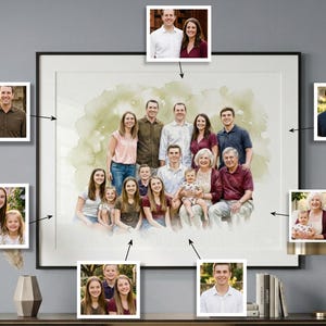 May include: A framed family portrait with a watercolor-style background. Several smaller framed photos surround the main image. The main portrait features a large group of people, with individual photos of couples and individuals.