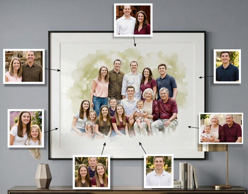May include: A framed family portrait with a watercolor-style background. Several smaller framed photos surround the main image. The main portrait features a large group of people, with individual photos of couples and individuals.