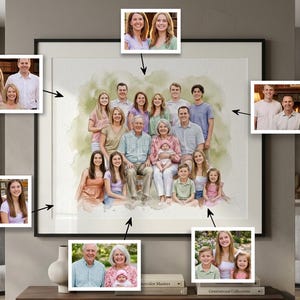May include: A framed watercolor portrait of a large family, surrounded by smaller framed photos of family members. The main portrait features a group of people of different ages, with a soft green and white watercolor background. The frame is black.
