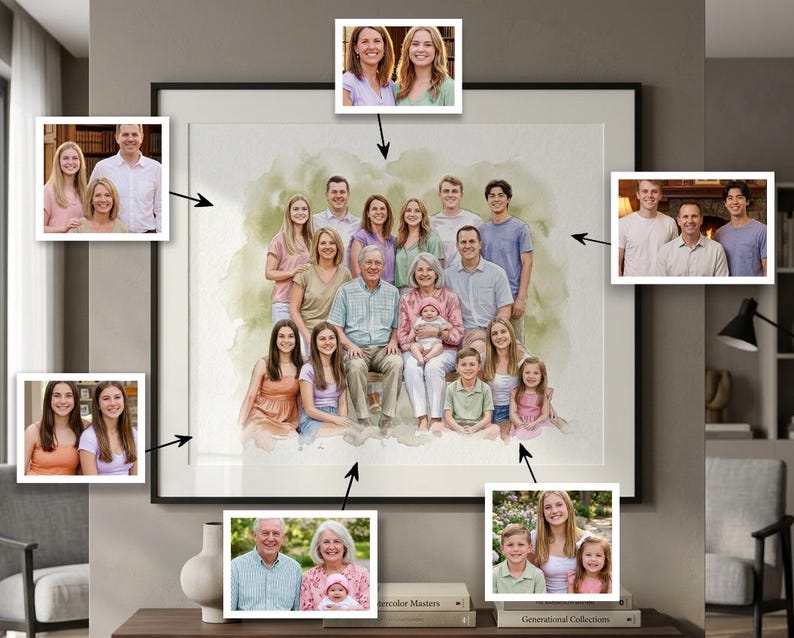 May include: A framed watercolor portrait of a large family, surrounded by smaller framed photos of family members. The main portrait features a group of people of different ages, with a soft green and white watercolor background. The frame is black.