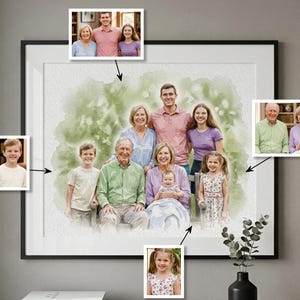 May include: A framed watercolor portrait of a family, featuring multiple generations. The artwork has a soft, painterly style with a green and white background. Additional smaller portraits of family members are displayed around the main image.