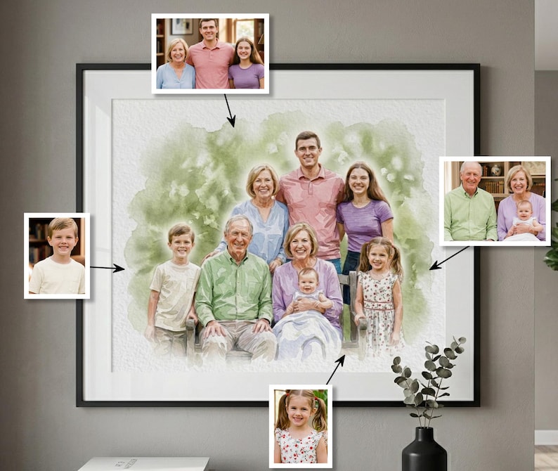 May include: A framed watercolor portrait of a family, featuring multiple generations. The artwork has a soft, painterly style with a green and white background. Additional smaller portraits of family members are displayed around the main image.