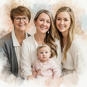 May include: A watercolor-style portrait of four people: an older woman with glasses, two younger women, and a baby. They are all smiling and wearing light-colored clothing. The background has soft watercolor washes of brown and blue.