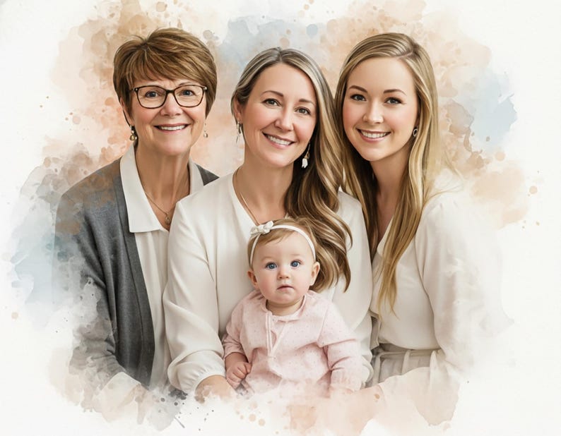 May include: A watercolor-style portrait of four people: an older woman with glasses, two younger women, and a baby. They are all smiling and wearing light-colored clothing. The background has soft watercolor washes of brown and blue.