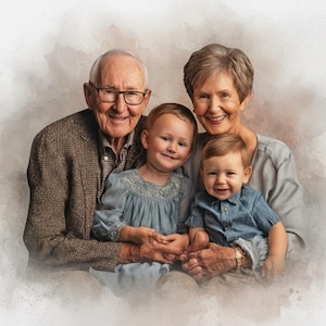 May include: A family portrait featuring two grandparents and two grandchildren. The grandparents are smiling, with the grandfather wearing glasses and a brown jacket. The grandchildren are a young girl in a blue dress and a baby in a blue shirt.