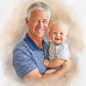 May include: A watercolor-style portrait of a smiling older man holding a smiling baby. The man wears a blue polo shirt with horizontal stripes. The baby is in a gray onesie. The background has a soft, neutral color wash.