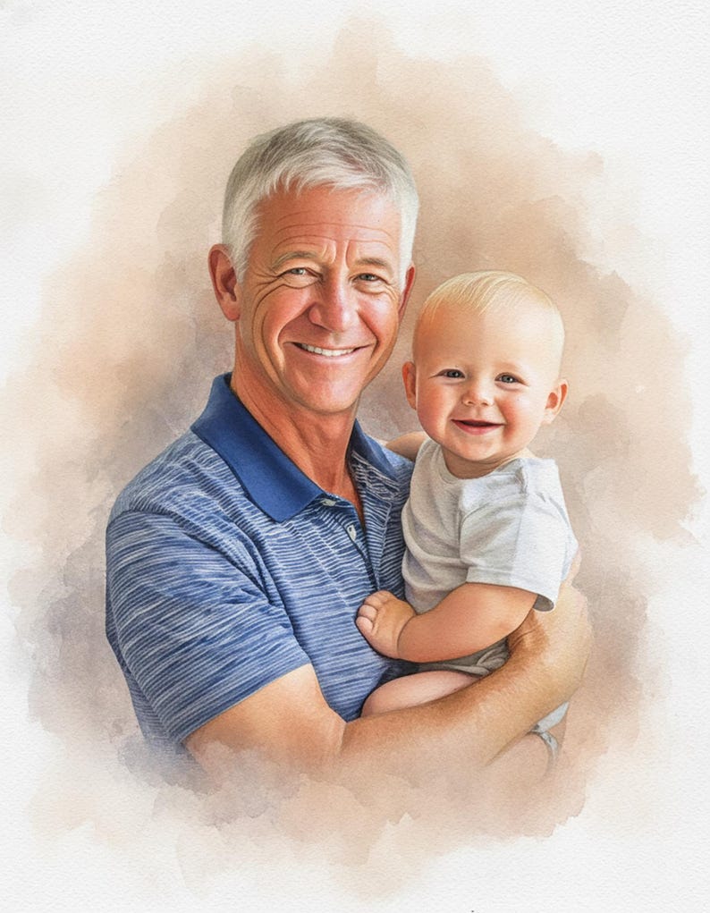 May include: A watercolor-style portrait of a smiling older man holding a smiling baby. The man wears a blue polo shirt with horizontal stripes. The baby is in a gray onesie. The background has a soft, neutral color wash.