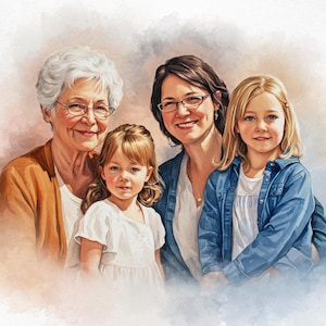May include: Watercolor portrait of four people: an older woman, a younger woman, and two young girls. The older woman wears glasses and a tan cardigan. The younger woman also wears glasses and a blue denim jacket. The girls wear white dresses and shirts.