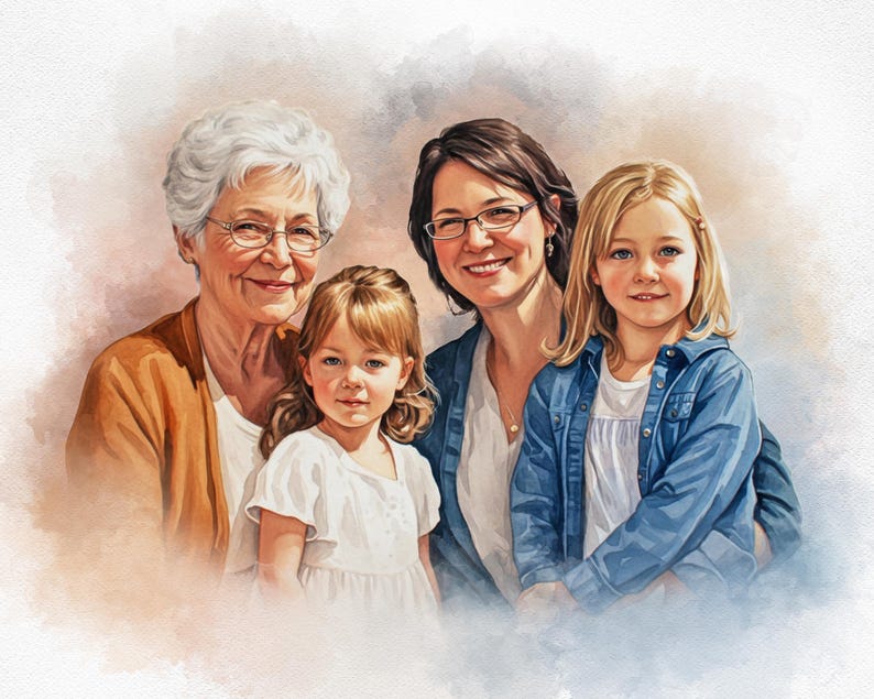 May include: Watercolor portrait of four people: an older woman, a younger woman, and two young girls. The older woman wears glasses and a tan cardigan. The younger woman also wears glasses and a blue denim jacket. The girls wear white dresses and shirts.
