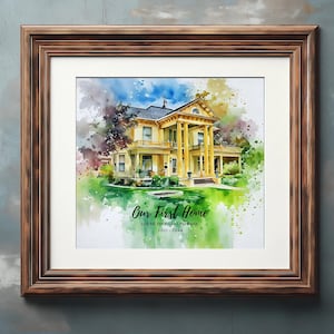 May include: A framed watercolor print of a yellow house with white columns, surrounded by green grass and colorful splashes. The text "Our First Home" is displayed, along with an address and dates. The frame is a dark brown color.