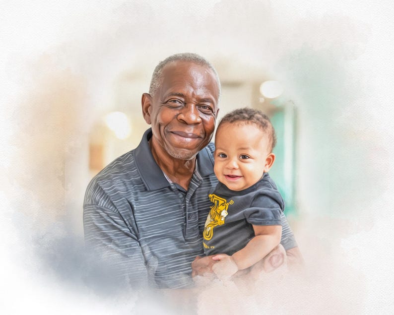 May include: A smiling older man holds a baby in a black t-shirt with a yellow design. The man wears a gray striped polo shirt. The background is a soft, blurred watercolor effect, creating a warm and gentle atmosphere.