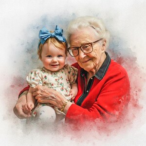 May include: Watercolor-style portrait of a smiling baby and an elderly woman. The baby wears a floral dress and a blue bow. The woman wears glasses and a red jacket. The background has watercolor washes of blue and red.