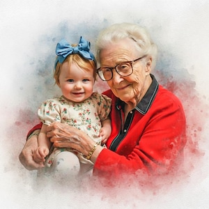 May include: A watercolor-style portrait of a smiling baby and an elderly woman. The baby wears a floral dress and a blue bow. The woman wears glasses and a red jacket. The background has soft watercolor washes of blue and red.