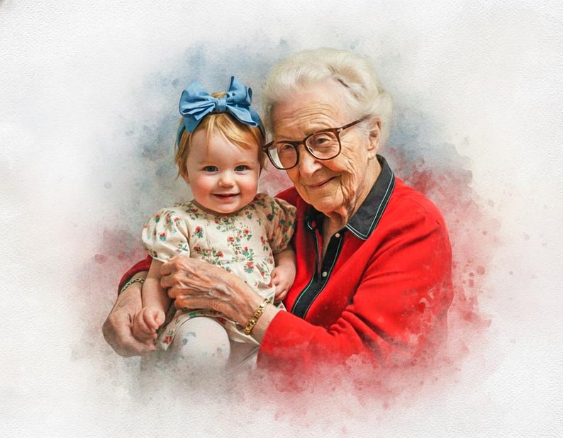 May include: A watercolor-style portrait of a smiling baby and an elderly woman. The baby wears a floral dress and a blue bow. The woman wears glasses and a red jacket. The background has soft watercolor washes of blue and red.