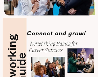 May include: A book cover with the title "Networking Guide" and the text "Connect and grow! Networking Basics for Career Starters." The cover includes images of people networking and the text "The Secret Sauce of Successful Networking" and "By: Lola II."