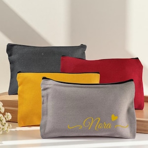 Custom Name Bridesmaid Makeup Bag, Heart Script Canvas Pouch, Personalized Maid of Honor Gift, Bridal Party Wedding Favor