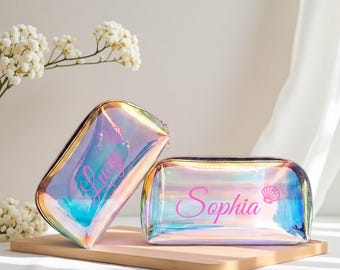 Personalized Holographic Seashell Makeup Bag Custom Name Cosmetic Pouch Bridesmaid Proposal Gift Beach Wedding Favor Toiletry Pouch