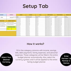 May include: A digital spreadsheet titled "Setup Tab" with columns for income, savings, bills, and expenses. Instructions are provided for selecting currency and entering partner names. The currency selection is set to United States Dollar.