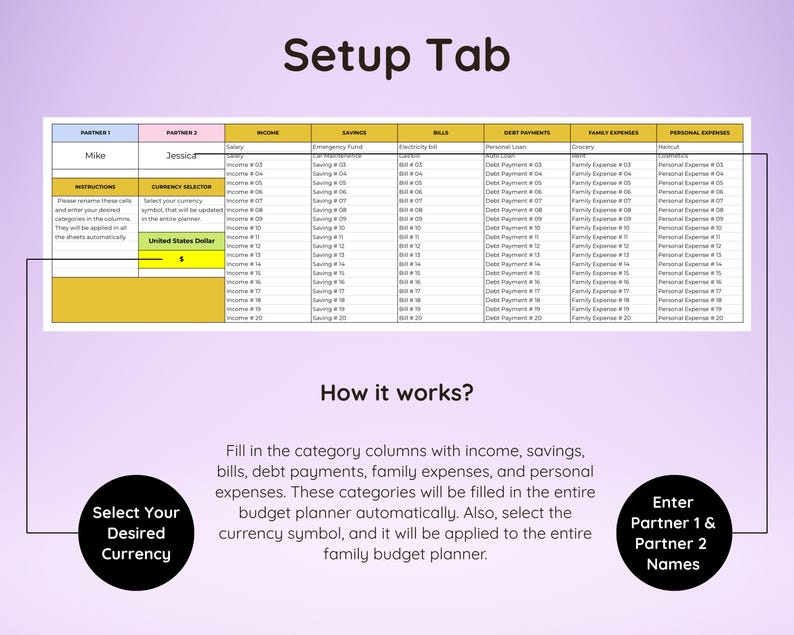May include: A digital spreadsheet titled "Setup Tab" with columns for income, savings, bills, and expenses. Instructions are provided for selecting currency and entering partner names. The currency selection is set to United States Dollar.