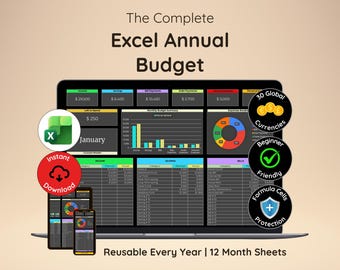Excel 年間予算 | Excel 予算スプレッドシート | Excel 月間予算プランナー | 収入と支出の追跡