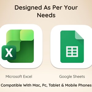 Op de afbeelding: Een afbeelding met de iconen van Microsoft Excel en Google Sheets, met de tekst "Designed As Per Your Needs" bovenaan en "Compatible With Mac, Pc, Tablet & Mobile Phones" onderaan, wat de softwarecompatibiliteit aangeeft.
