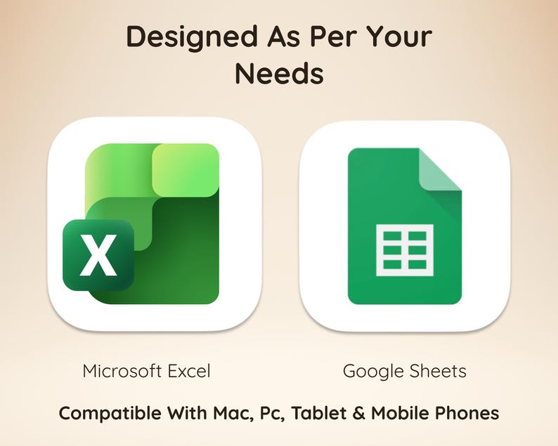 Op de afbeelding: Een afbeelding met de iconen van Microsoft Excel en Google Sheets, met de tekst "Designed As Per Your Needs" bovenaan en "Compatible With Mac, Pc, Tablet & Mobile Phones" onderaan, wat de softwarecompatibiliteit aangeeft.