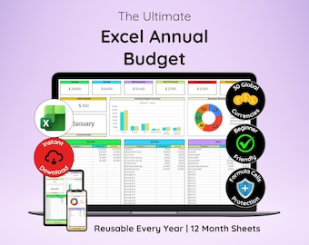 Excel 年間予算 | Excel 予算スプレッドシート | Excel 月間予算プランナー | 収入と支出の追跡