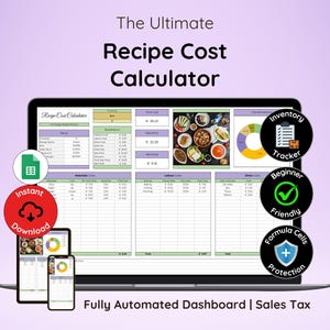 以下が含まれることがあります： レシピ原価計算のスプレッドシートが表示されたノートパソコン。画面には、在庫追跡や初心者向けの使いやすさを示すアイコンとともに、詳細なコストの内訳が表示されています。「The Ultimate Recipe Cost Calculator」のテキストが上部にあります。