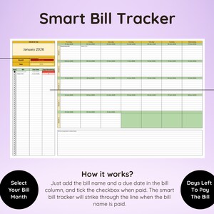 May include: A digital Smart Bill Tracker for January 2026, with a calendar layout. The tracker includes sections for bill names, due dates, and checkboxes. Instructions are included: "Just add the bill name and a due date in the bill column, and tick the checkbox when paid."