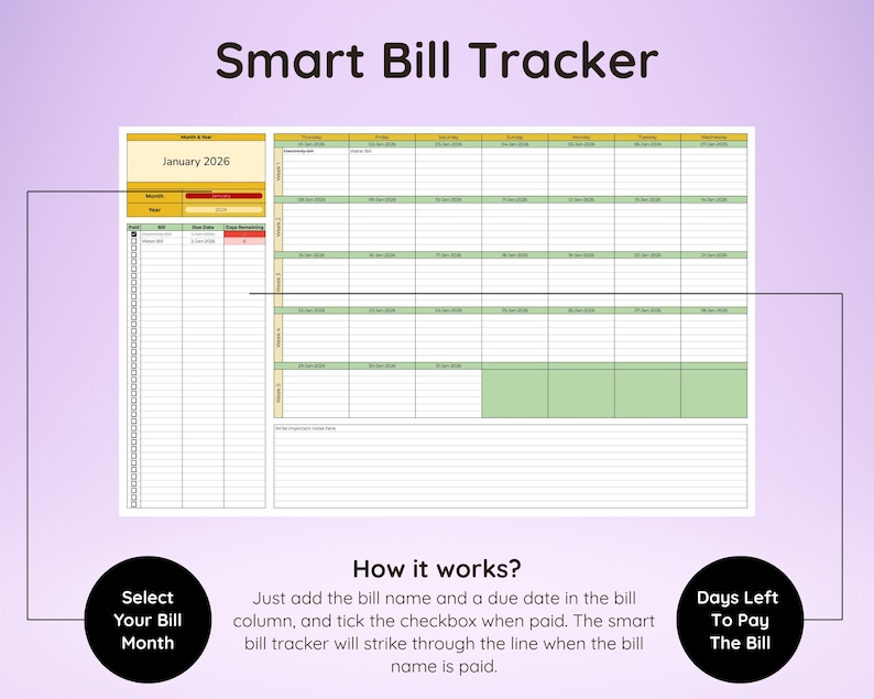 May include: A digital Smart Bill Tracker for January 2026, with a calendar layout. The tracker includes sections for bill names, due dates, and checkboxes. Instructions are included: "Just add the bill name and a due date in the bill column, and tick the checkbox when paid."