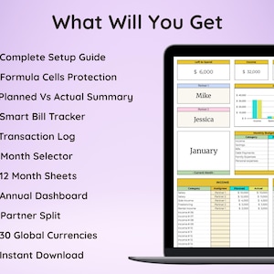 May include: A laptop screen displays a financial planning template with the text "What Will You Get." Features include a complete setup guide, smart bill tracker, and 12-month sheets. The template shows income, savings, and budget summaries.