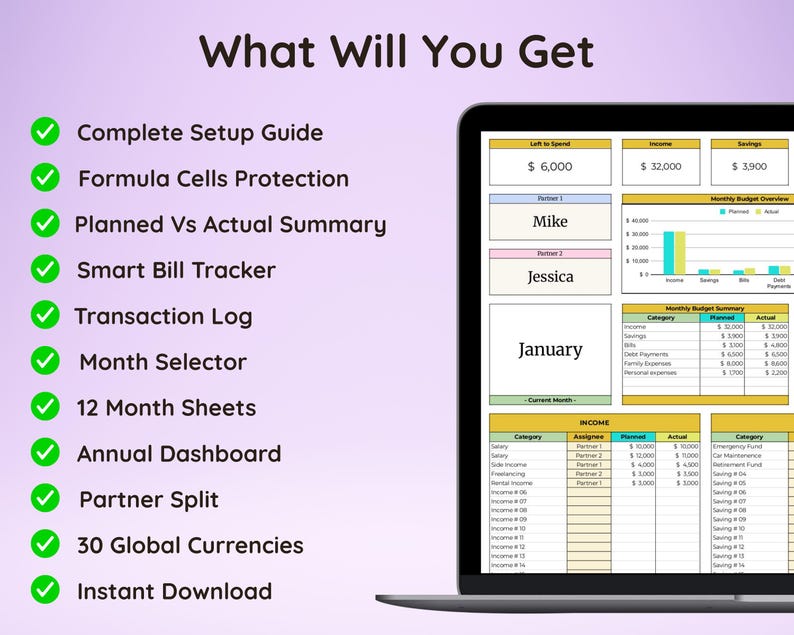 May include: A laptop screen displays a financial planning template with the text "What Will You Get." Features include a complete setup guide, smart bill tracker, and 12-month sheets. The template shows income, savings, and budget summaries.
