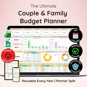 May include: A digital budget planner displayed on a laptop, tablet, and smartphone screen. The interface features tables, bar charts, and pie charts for tracking income, savings, and bills. Text includes The Ultimate Couple & Family Budget Planner, Instant Download, Bill Calendar, Beginner Friendly, Formula Cells Protection, and Reusable Every Year | Partner Split.