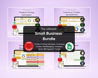 Könnte beinhalten: Ein digitales Bundle für kleine Unternehmen mit Tools zur Produktpreisgestaltung, Bestandsverfolgung, Buchhaltung und Rechnungszahlung. Das Bild zeigt vier Mockups von Tabellenkalkulationen und Dashboards auf Laptops und Mobilgeräten mit dem Text "The Ultimate Small Business Bundle."