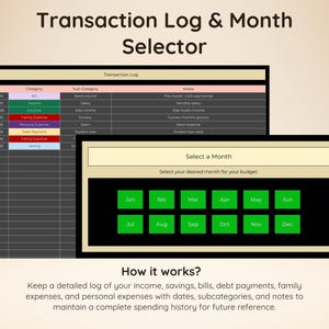 Op de afbeelding: Een digitale transactielogboek- en maandselectie-interface. Het logboek bevat kolommen voor datum, categorie, subcategorie en notities met kleurgecodeerde rijen. De maandselectie toont twaalf groene knoppen gelabeld van Jan tot Dec voor budgetbeheer.