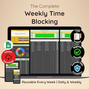 Time Blocking Template | Weekly Time Blocking Spreadsheet | Weekly Schedule Planner | Task Tracker | Daily Schedule Planner