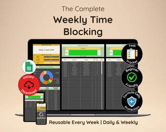 タイムブロッキングテンプレート | 週間タイムブロッキングスプレッドシート | 週間スケジュールプランナー | タスクトラッカー | 日別スケジュールプランナー