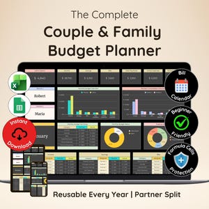 Puede incluir: Un planificador de presupuesto digital en la pantalla de una computadora portátil, con gráficos, tablas y datos financieros. El texto dice The Complete Couple & Family Budget Planner, Instant Download, Bill Calendar, Beginner Friendly, Formula Cells Protection y Reusable Every Year | Partner Split.