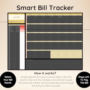 Op de afbeelding: Een digitaal Smart Bill Tracker sjabloon met een maandoverzicht voor juni 2026, een facturenlijst met selectievakjes en een statuskolom. De lay-out bevat de teksten: Select Your Bill Month, How it works en Days Left To Pay The Bill.