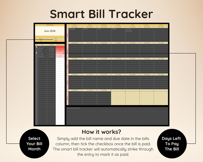 Op de afbeelding: Een digitaal Smart Bill Tracker sjabloon met een maandoverzicht voor juni 2026, een facturenlijst met selectievakjes en een statuskolom. De lay-out bevat de teksten: Select Your Bill Month, How it works en Days Left To Pay The Bill.